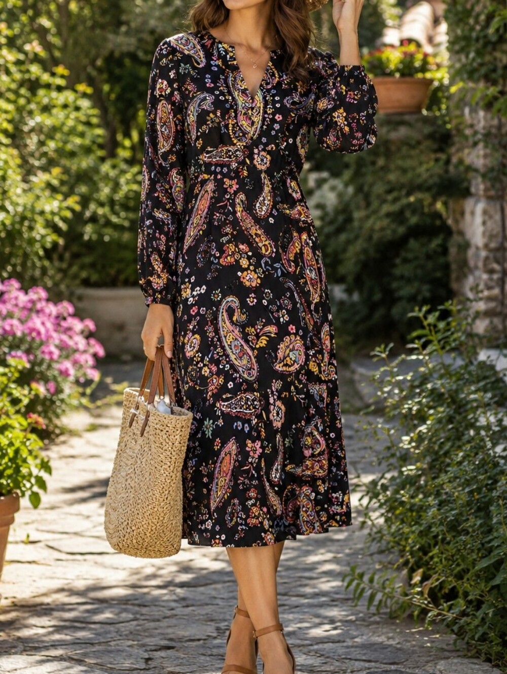 NWT Apricot Black Paisley Floral Print Long Sleeve Dress Boho Dark Romantic